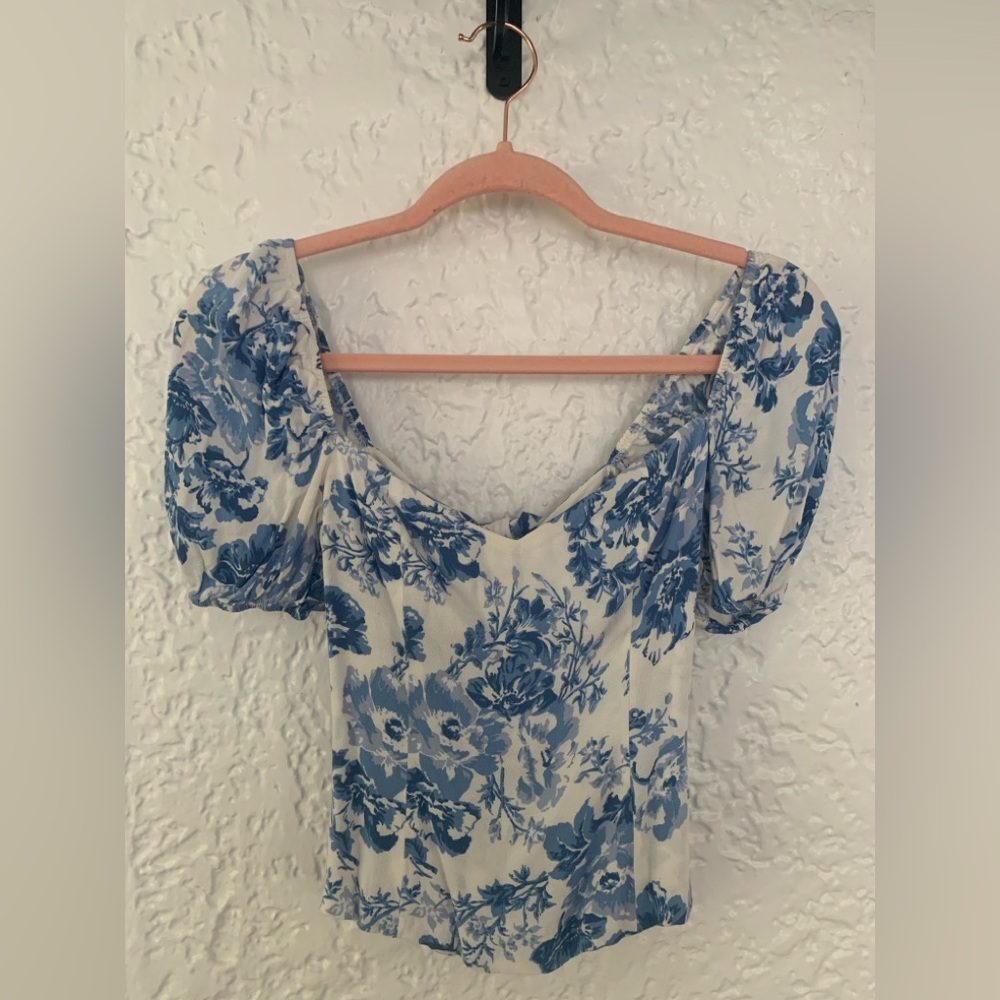 Reformation Blue and White Floral Top